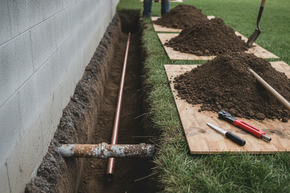 Excavated water line trench during Sewer Line Repair in Haverford
